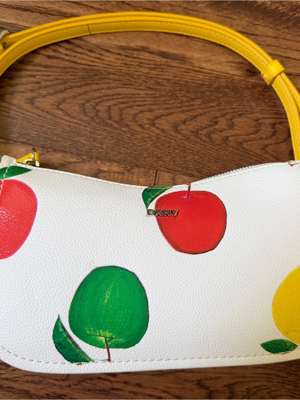 DKNY White Shoulder Bag with Colorful Fruit Print and Yellow Strap NWOT